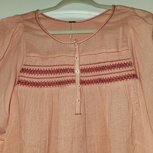 NWT Free People Orange Dylan Smocked Tunic Top 3/4 Sleeve Size S Boho Embroidery - Picture 5 of 10